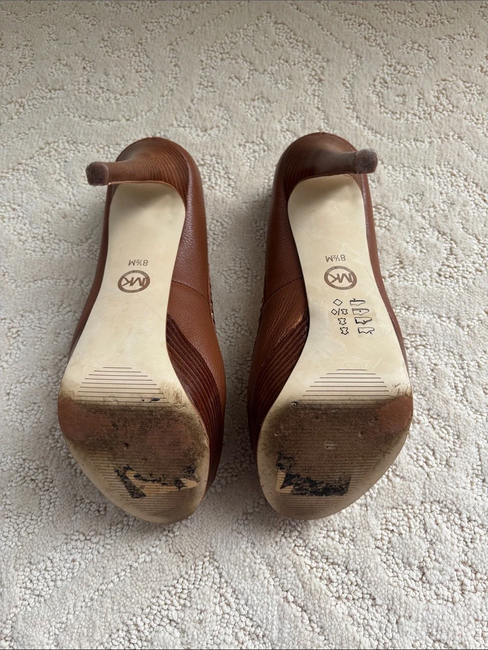 Michael Kors Brown Leather Peep-Toe Platform Heels with Gold Trim